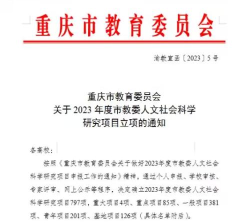 喜報(bào) ▎我校5個(gè)科研項(xiàng)目榮獲重慶市教委2023年人文社會(huì)科學(xué)研究項(xiàng)目立項(xiàng)